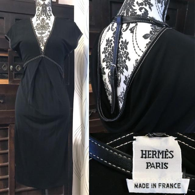 HERMES ゴルチェ期 ワンピース レザートリミング 36 黒 ドレス 048