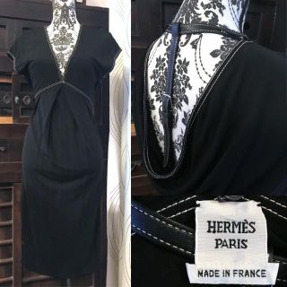 エルメス(Hermes)のHERMES ゴルチェ期 ワンピース レザートリミング 36 黒 ドレス 048(ひざ丈ワンピース)