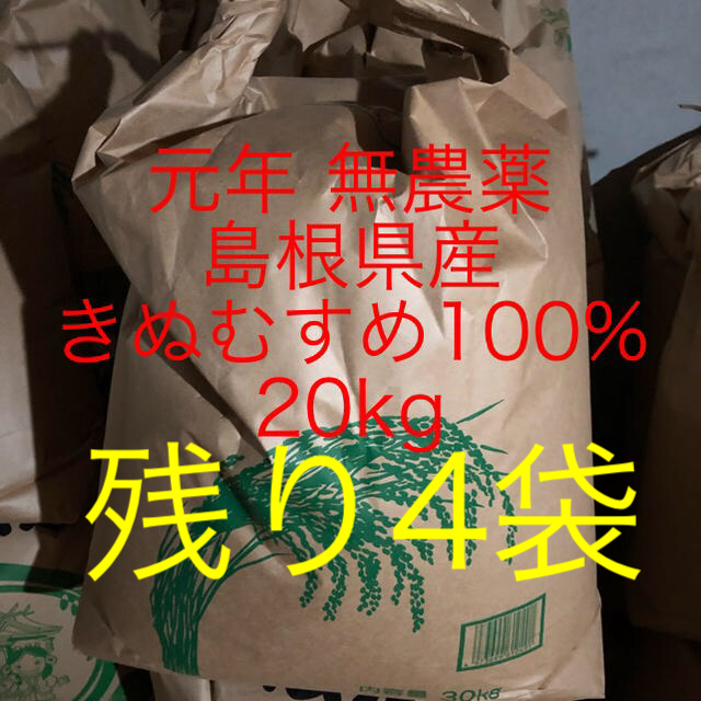 米/穀物元年9月26日収穫　無農薬島根県産きぬむすめ100% 20kg 玄米