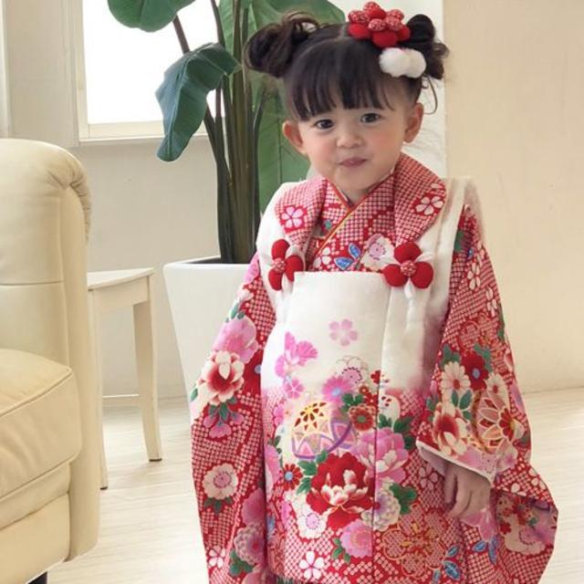 七五三 着物 3歳 女の子 高級正絹被布セット 赤疋田地に鞠と花 競売