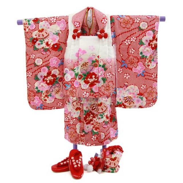 七五三 着物 3歳 女の子 高級正絹被布セット　赤疋田地に鞠と花