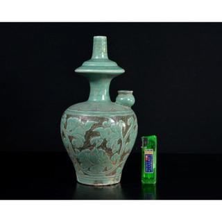 中国　緑釉陽刻牡丹文　浄瓶　執壷　水注瓶　C　R2027美術品/アンティーク