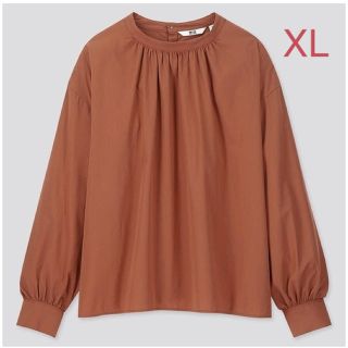 ユニクロ(UNIQLO)のユニクロ ハイネックボリュームスリーブブラウス XLサイズ／ブラウン 新品！(シャツ/ブラウス(長袖/七分))