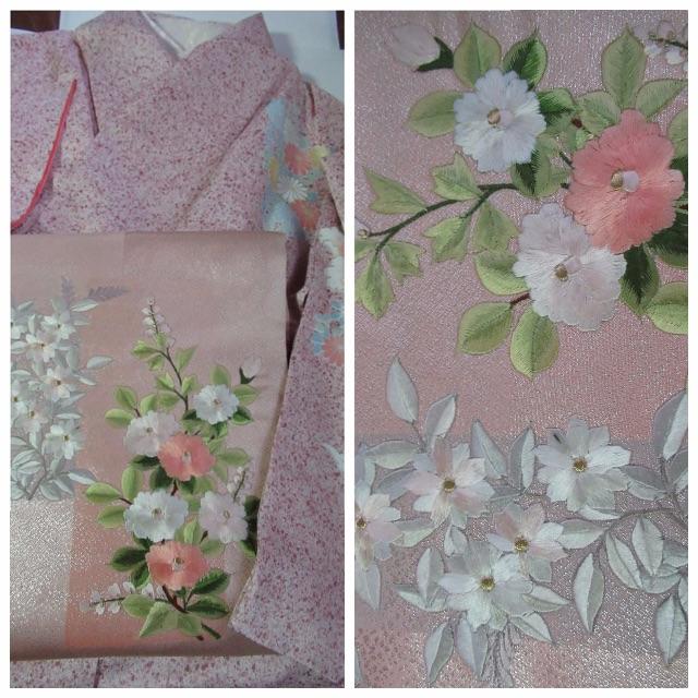 刺繍帯 桜椿 甘く優しい帯 極美品