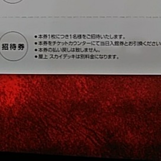 １枚　未来と芸術展　六本木ヒルズ展望台　東京シティビュー　森美術館　招待券 チケットの施設利用券(美術館/博物館)の商品写真