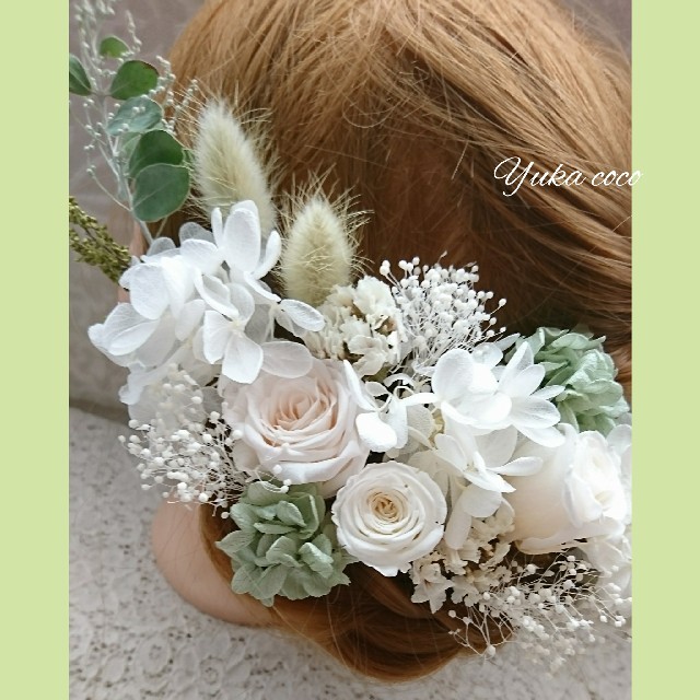 ドライフラワー ヘッドドレス 髪飾り❁¨̮White×green ハンドメイドのウェディング(ヘッドドレス/ドレス)の商品写真