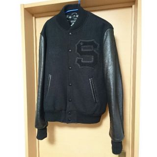 STUSSY ステューシー ジャケット サイズ:M 12AW インターナショナルロゴ 刺繍 袖レザー ウールメルトン スタジャン CFIT CLASSIC VARS JKT SET IN SLV アウター バーシティジャケット USA製 ブラック 黒【メンズ】