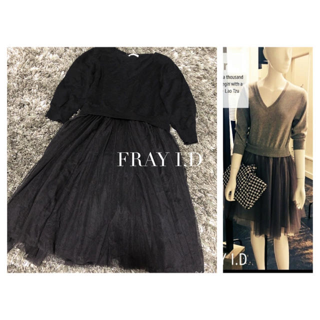 FRAY I.D(フレイアイディー)のFRAY I.D チュールコンビVネックニットワンピース レディースのワンピース(ひざ丈ワンピース)の商品写真