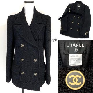 シャネル(CHANEL)のシャネル ツイード 特大ココマーク 金ボタン コート 黒 3 ダブル E1689(その他)