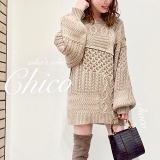 フーズフーチコ(who's who Chico)の秋冬新作❄️¥8690【Chico】後リボンパッチワーク風ケーブルチュニック(ニット/セーター)