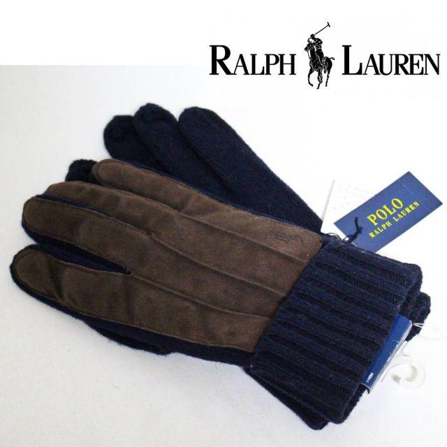 POLO RALPH LAUREN(ポロラルフローレン)の《ポロ ラルフローレン》新品 ウール ニット手袋 羊革使用 紺 Fサイズ メンズのファッション小物(手袋)の商品写真