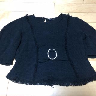 ザラ(ZARA)のZARABESIC TRF ツイード トップス フリンジ ラインストーン付(カットソー(半袖/袖なし))