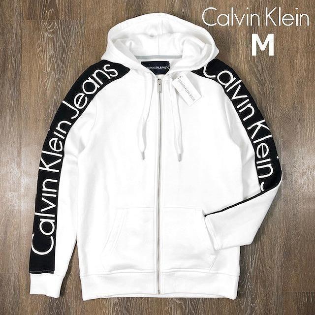 Calvin Klein(カルバンクライン)のカルバンクライン 袖ロゴ ビッグロゴ フルジップ パーカー(M)白181214 メンズのトップス(パーカー)の商品写真