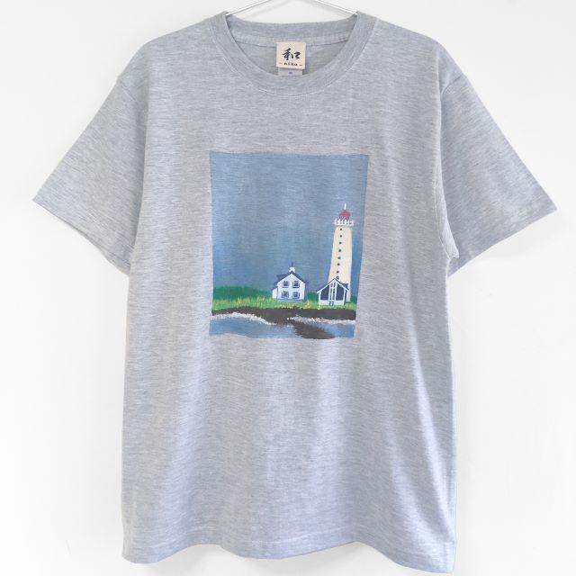 メンズXLサイズ灯台柄Tシャツ、絵本のような北欧風灯台の手描きTシャツ カジュア