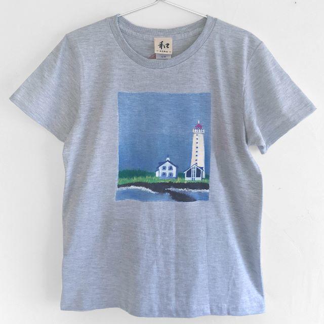 レディースMサイズ灯台柄Tシャツ、絵本のような北欧風灯台の手描きTシャツ カジュ