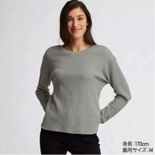 ユニクロ(UNIQLO)のUNIQLO ワッフルクルーネックT ★ カーキ L(カットソー(長袖/七分))