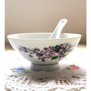 台湾　大同食器　磁器　紫　花柄　茶碗　レンゲ　セット(食器)