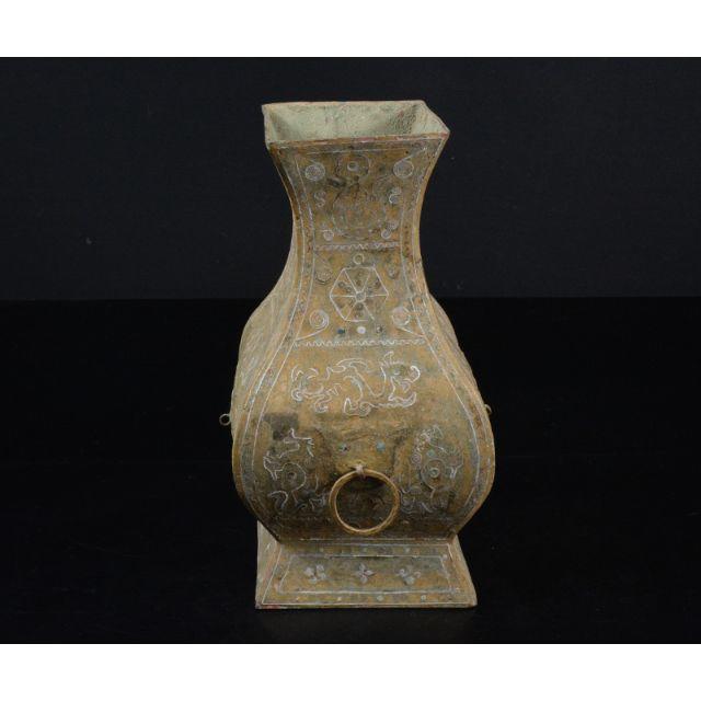 超歓迎された 中国　古銅青銅製　銀象嵌神獣文瓶　V　R2056 金属工芸
