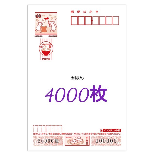 早い者勝ち　年賀はがき　2020 インクジェット無地　4000枚