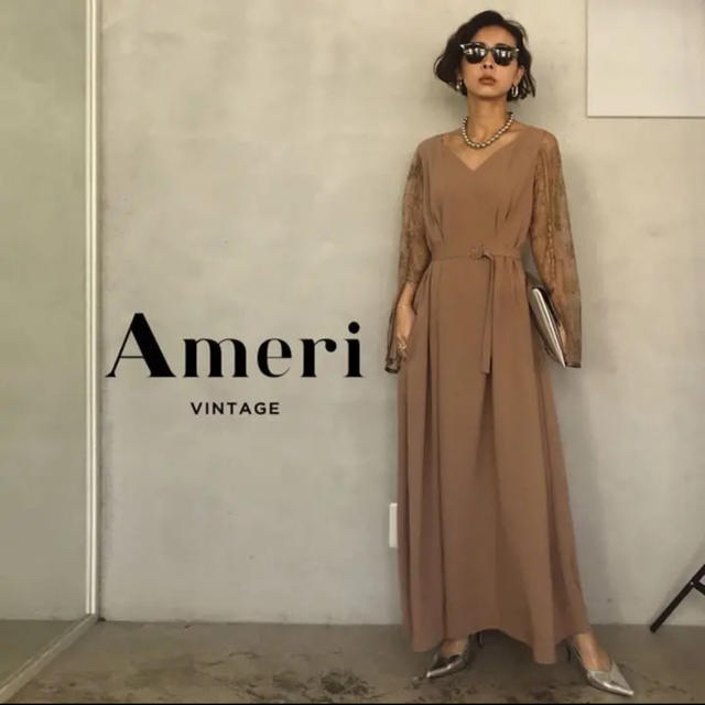 86cm着丈Ameri LACE SLEEVE REFINED DRESS【ベージュ】