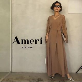 アメリヴィンテージ(Ameri VINTAGE)のAmeri LACE SLEEVE REFINED DRESS【ベージュ】(ロングドレス)