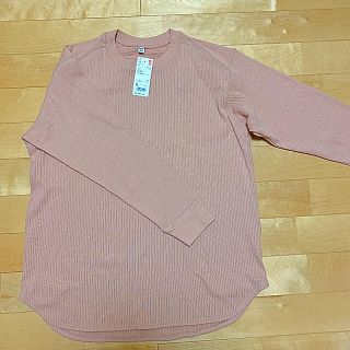 ユニクロ(UNIQLO)のオクラ様専用　リブクルーネックＴグレーとピンク２枚セット(カットソー(長袖/七分))