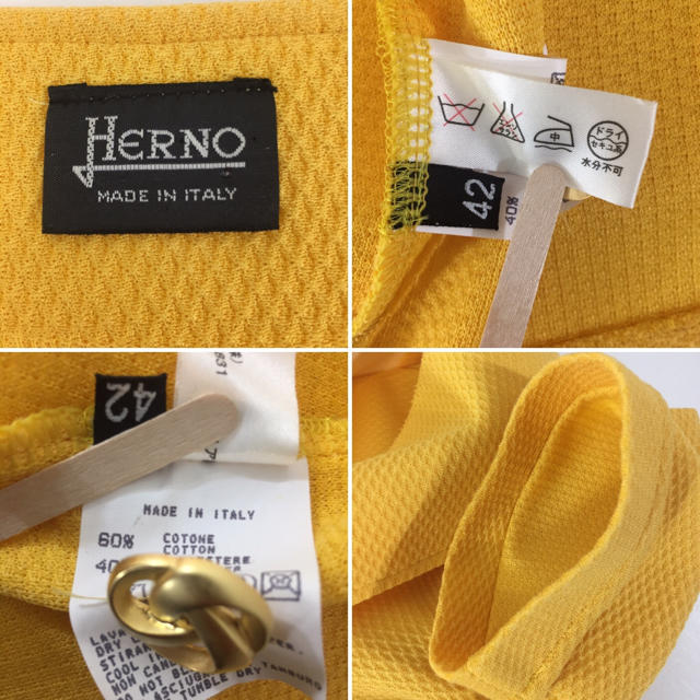 HERNO(ヘルノ)の美品 ヘルノ HERNO ジャケット イエロー サイズ42 金ボタン 半袖 上品 レディースのジャケット/アウター(ノーカラージャケット)の商品写真