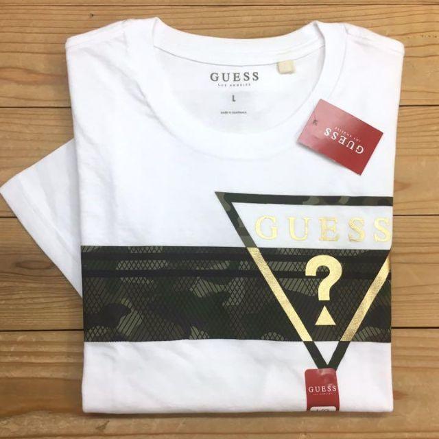 新品【メンズL】★ゲス★ゴールド×迷彩プリント半袖Tシャツ/白/GUESS