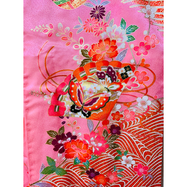 七五三 7歳女の子用高級着物フルセット ピンク系 蝶々牡丹梅菊鞠扇桜サクラ鳳凰
