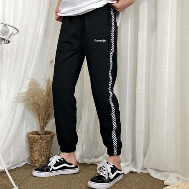 韓国ファッション ブロックチェック ライン スウェット パンツ レディースのパンツ(その他)の商品写真