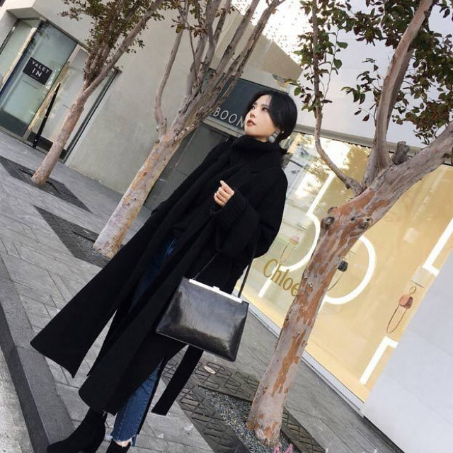 韓国　ウール　ベルト付き　ロングコート　黒