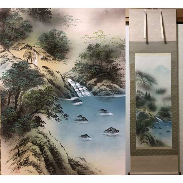 掛軸 豊川青治『彩色山水画』風景 絹本 肉筆 共箱付 掛け軸 R05302 | フリマアプリ ラクマ