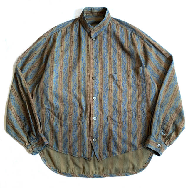 70s80s マオカラーシャツ 総柄シャツ イタリア製 ネイビー ビンテージ