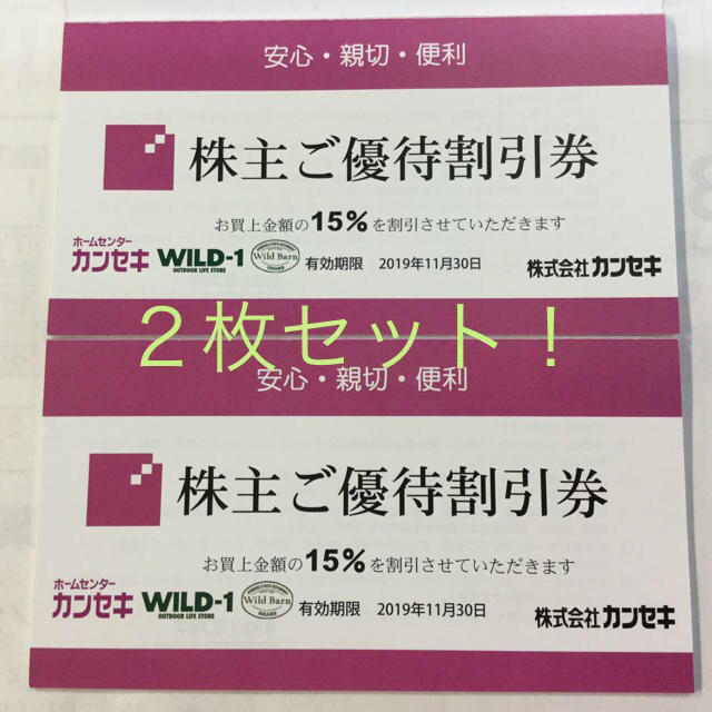 カンセキ株主優待券 ２枚‼️です。2019・11・30期限  お得です‼️ チケットの優待券/割引券(ショッピング)の商品写真