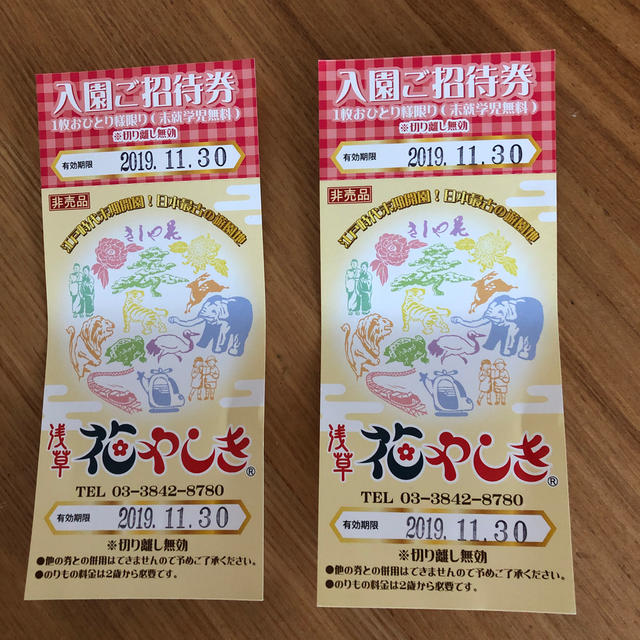 花やしき　入園無料チケット　二枚セット チケットの施設利用券(遊園地/テーマパーク)の商品写真