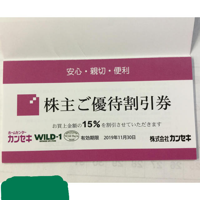 カンセキ株主優待券 １枚‼️です。2019.11.30期限 チケットの優待券/割引券(その他)の商品写真