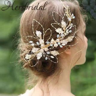 ブライダルヘッドドレス ゴールド ホワイトフラワー ヘアクリップ 小枝(ヘアピン)