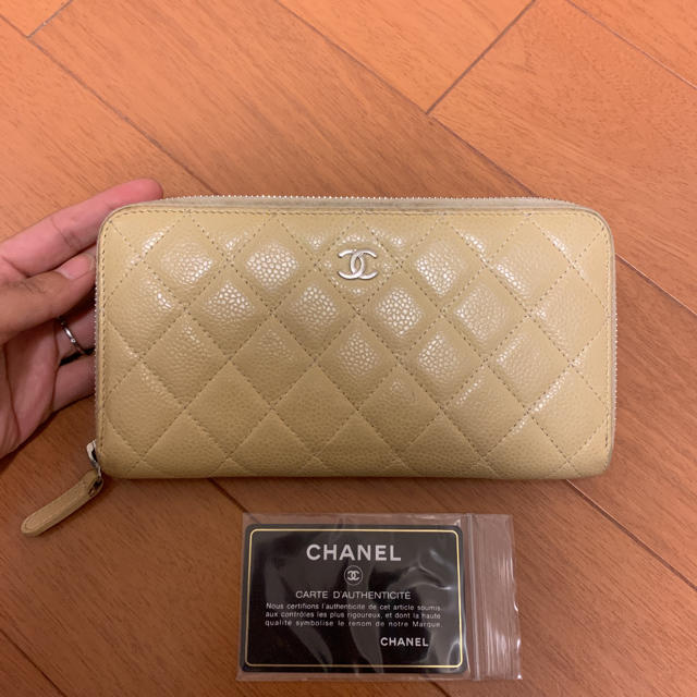 シャネル CHANEL キャビアスキン ラウンドファスナー 長財布 ベージュ