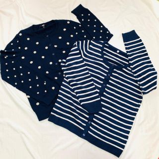 ユニクロ(UNIQLO)の美品☆ユニクロ長袖カーディガン＆もう1枚セット☆人気のドット＆ストライプ柄☆紺★(カーディガン)