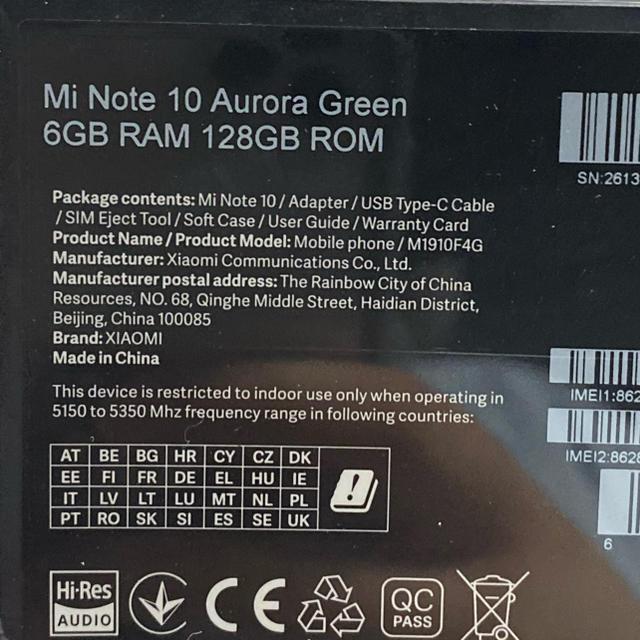 即発送 Xiaomi Mi Note10（6/128GB global版）　緑