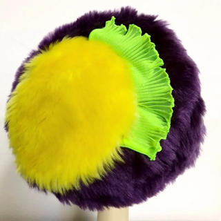 パープル×イエロー ファー ベレー帽 ハンドメイド リメイク 紫 黄色(ハンチング/ベレー帽)