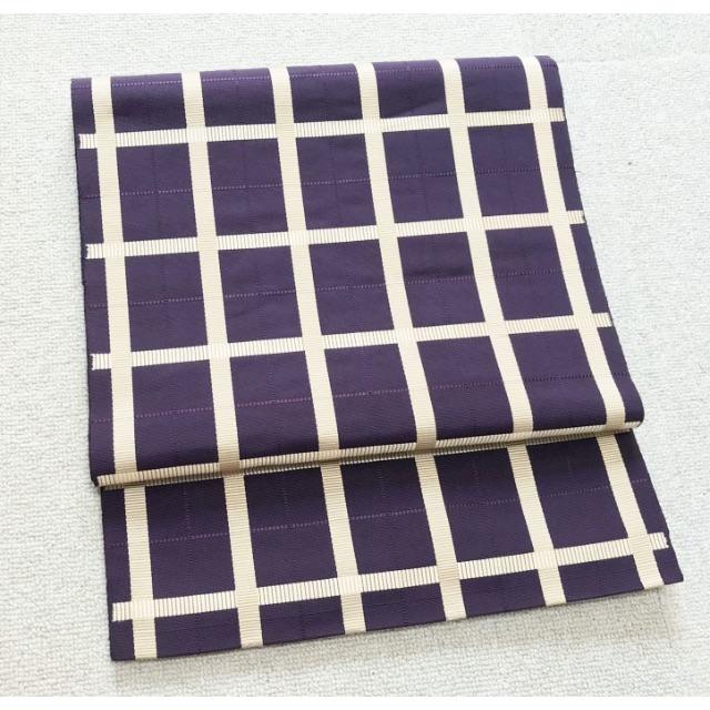 まるえ◆紫とベージュの格子◆正絹かがり名古屋帯◆m679