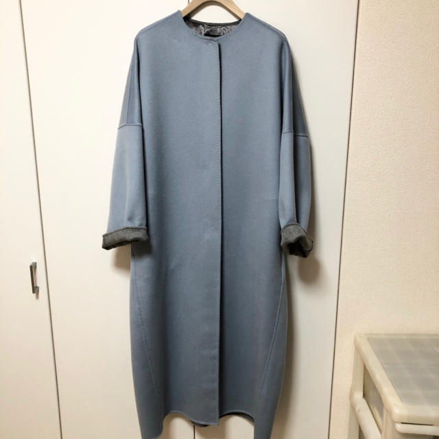 新品 2019AW エブール カシミヤリバーノーカラーコート 36 ブルーグレー 3