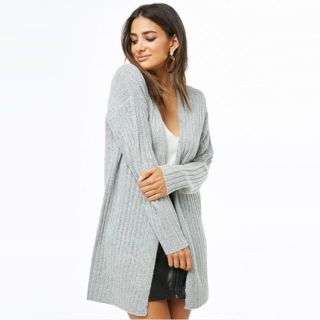 フォーエバートゥエンティーワン(FOREVER 21)のForever21 リブニットガウンカーディガン　長袖ニット グレー　S(カーディガン)