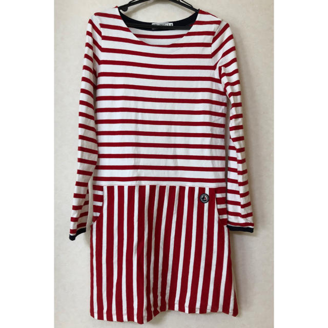 PETIT BATEAU(プチバトー)のプチバトー ボーダー長袖ワンピース 赤 マリニエール レディース レディースのワンピース(ひざ丈ワンピース)の商品写真