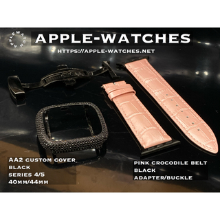 アップルウォッチ(Apple Watch)の黒xピンク■アップルウォッチカスタムセット■AA2カバー&ピンククロコダイル(レザーベルト)