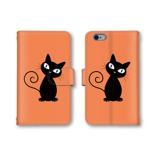 オレンジ 黒猫 ネコ スマホケース 手帳型 スマホカバー ミラー(モバイルケース/カバー)