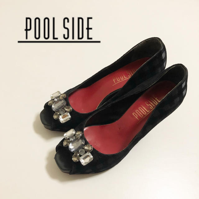 POOL SIDE(プールサイド)の☆【POOL SIDE】チェック柄 大粒ストーン オープントゥ パンプス レディースの靴/シューズ(ハイヒール/パンプス)の商品写真