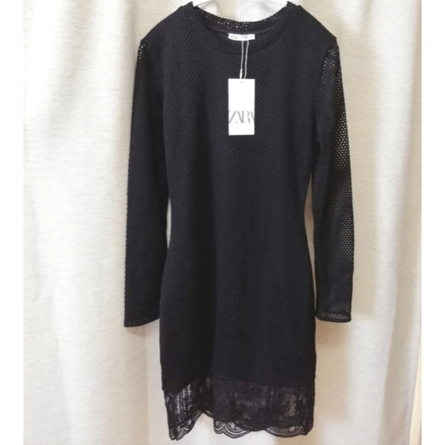 新品　ZARA　メッシュコンビワンピース　M　ブラック