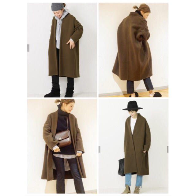 DEUXIEME CLASSE(ドゥーズィエムクラス)のドゥーズィエムクラス 18AW ダブルフェイスノーカラーコート カーキ 美品 レディースのジャケット/アウター(ロングコート)の商品写真